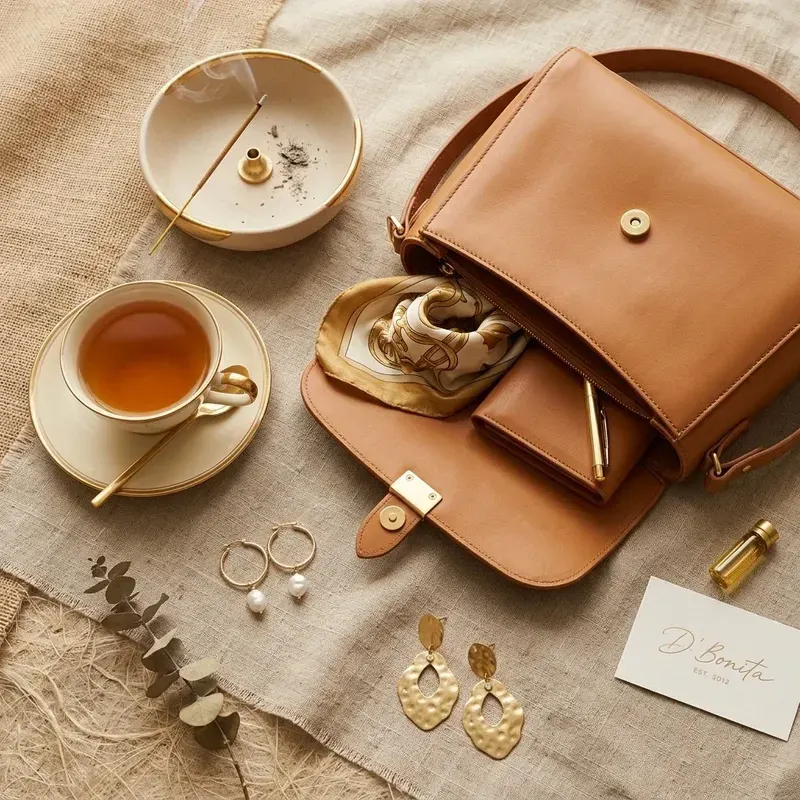 Flat lay D' Bonita contendo bolsa aberta, brincos, difusor e xícara de chá